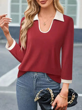 Women’s contrast collared neck long sleeve top with deep V-neck
