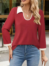 Red Contrast Collared Neck Long Sleeve Top with White Collar