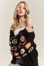 Contrast crochet open front cardigan with colorful floral long sleeves