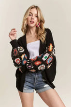 Black contrast crochet open front cardigan with colorful floral long sleeves