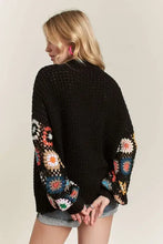 Black contrast crochet open front cardigan with colorful floral long sleeves