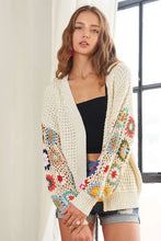 Cream contrast crochet open long sleeve cardigan with floral patterns