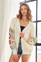 Contrast crochet open long sleeve cardigan with cream floral embroidery