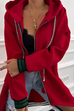 Contrast cuffed drop shoulder zip up hoodie in red with black and white striped zipper pulls and green striped cuffs, slightly stretchy and machine wash cold care instructions