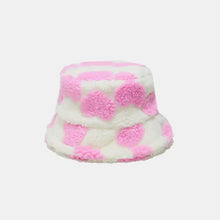 Contrast heart bucket hat in pink and white cow print fuzzy design