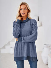 Blue contrast mock neck long sleeve women’s tunic sweater