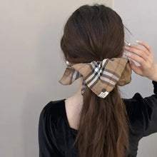 Brown Plaid Elastic Hair Scrunchy with Bow on Ponytail