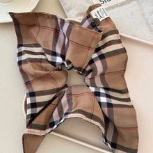 Beige contrast plaid elastic hair scrunchy with button accent