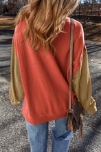 Contrast round neck long sleeve sweatshirt in terracotta and olive green