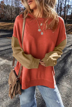 Rust orange khaki contrast round neck long sleeve sweatshirt with layered necklaces