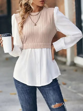 Contrast Round Neck Puff Sleeve Blouse Blush Pink Woman Blouses