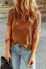 Brown waffle knit short-sleeve top with contrast stitching round neck