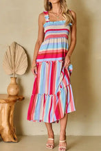 Contrast Stripe Wide Strap Smocked Tiered Dress Stripe Woman Casual Dress