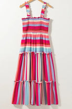 Contrast Stripe Wide Strap Smocked Tiered Dress Woman Casual Dress
