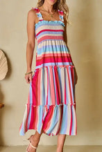 Contrast Stripe Wide Strap Smocked Tiered Dress Woman Casual Dress