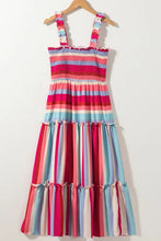 Contrast Stripe Wide Strap Smocked Tiered Dress Woman Casual Dress