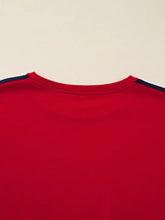 Red crewneck varsity sweatshirt with navy white striped shoulder accents made of soft fabric machine wash cold
