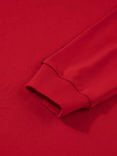 Red long-sleeved varsity sweatshirt with contrast black trim and ribbed cuffs machine wash cold recommended