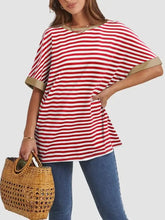 Red and white contrast striped round neck half sleeve t-shirt with tan trim