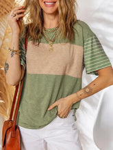 Contrast striped short sleeve t-shirt with green bottom, beige middle, striped sleeves