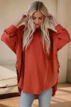 Coral contrast texture round neck long sleeve blouse with ruffles