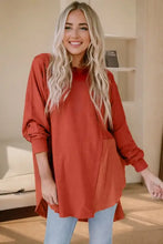 Terracotta contrast texture round neck long sleeve blouse with balloon sleeves