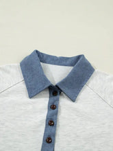 Contrast trim button detail top heathered white polo with blue denim collar and button placket