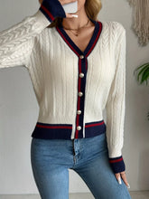 Contrast trim cable knit cardigan in cream with navy red stripes