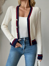 Contrast trim cable knit cardigan in cream with navy red stripes