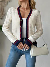 Contrast trim cable knit cardigan in cream with navy red stripes