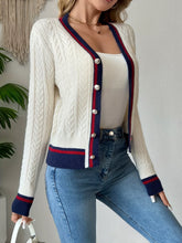 Contrast trim cable knit cardigan in cream with navy red stripes