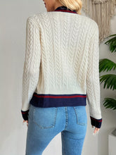 Contrast trim cable knit cardigan in cream with navy red trim