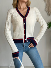 Contrast trim cable knit cardigan in cream with navy red trim