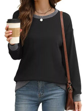 Black casual sweatshirt with contrast trim gray ribbed cuffs neckline and slightly stretchy long sleeves