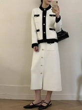 Chic black and white tweed Contrast Trim Jacket and Skirts Set with gold buttons