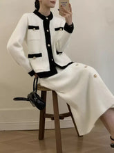 White and black tweed knit coat with silver buttons in Contrast Trim Jacket Set