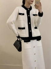White and black tweed cardigan with gold-tone buttons, Contrast Trim Jacket Set