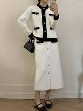 White tweed Contrast Trim Jacket with black trim and silver buttons
