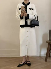 Chic black and white tweed Contrast Trim Jacket and Skirts Set with gold buttons