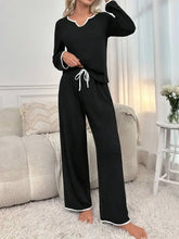 Contrast Trim Notched Long Sleeve Top and Pants Lounge Set Black Woman Loungewear Sets