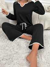 Contrast Trim Notched Long Sleeve Top and Pants Lounge Set Woman Loungewear Sets