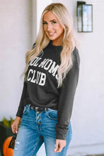 Cool Mom Club round neck sweatshirt with black long sleeves and white distressed lettering