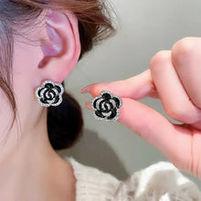 Black and white camellia rhinestone flower earrings in copper