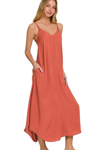 Coral Arc Hem Midi Dress with Flowy Pockets RUST