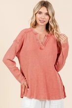 Coral Mineral Wash Waffle Knit Long Sleeve Top for Women RUST Woman T Shirts