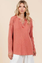 Coral Mineral Wash Waffle Knit Long Sleeve Top for Women Woman T Shirts