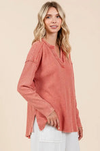 Coral Mineral Wash Waffle Knit Long Sleeve Top for Women Woman T Shirts