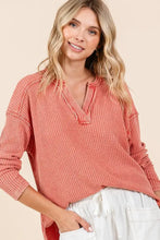 Coral Mineral Wash Waffle Knit Long Sleeve Top for Women Woman T Shirts