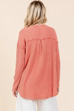 Coral Mineral Wash Waffle Knit Long Sleeve Top for Women Woman T Shirts
