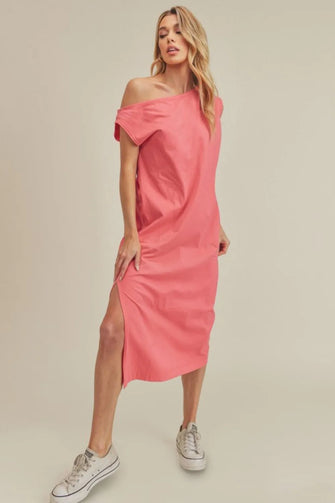 Coral One Shoulder Slit Round Neck Midi Dress Coral